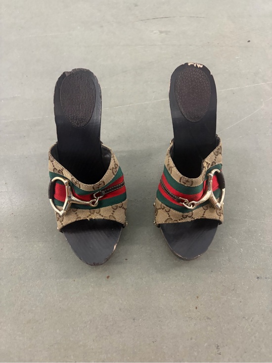 Gucci Shoes - Gucci Tan Canvas Mules with Red & Green Stripe and Gold Horsebit